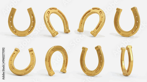 Set of Golden Horseshoes at Different Angles Isolated on White