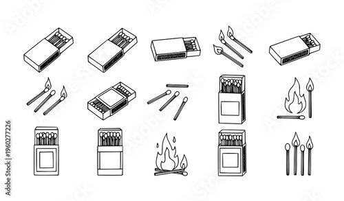 Hand Drawn Matchbox and Matches Doodle Set for Camping Bonfire and Outdoor Adventure Vector Illustration
