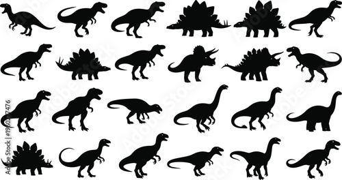 Flat vector illustration of dinosaur silhouettes, prehistoric animal icons, fossil reptile symbols, Jurassic graphic design elements, ancient creature collection set