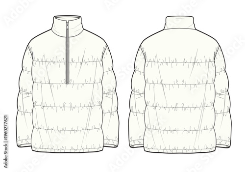 Half zip puffer jacket front and back view vector design technical flat drawing by adobe illustrator.