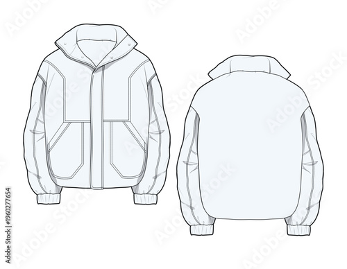 Parka jacket front and back view technical flat drawing vector mockup illustration.