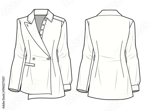 Ladies notch lapel blazer front and back view vector mockup template technical flat design.