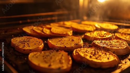 Roasted Sweet Potato Slices Baking in Warm Oven Light