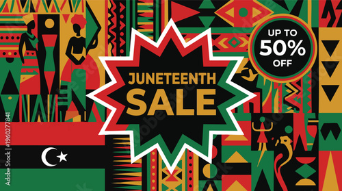 Juneteenth Sale Banner with African Patterns and 50 Percent Off
