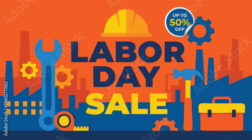 Labor Day Sale Banner with Industrial Tools and 50 Percent Discount