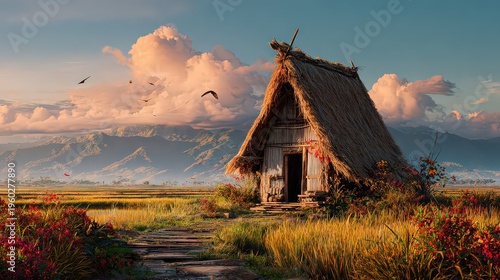 Rustic thatched roof hut nestled in vibrant blooming flower fields with rolling hills and dramatic clouds at sunrise golden hour warm light illuminating serene rural landscape