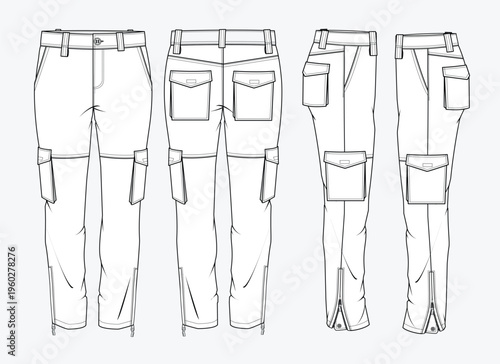 Male cargo pant front, back and side view mockup template vector design technical illustration.