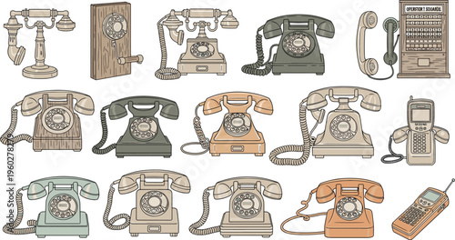Vintage and Modern Telephones Collection Including Rotary Phones, Early Mobile Devices, and Operator Switchboard for Communication Design