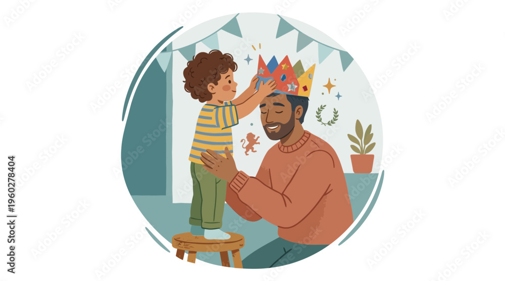 Fototapeta premium A father's heartwarming embrace as a child crowns him on father's day, celebrating love and connection