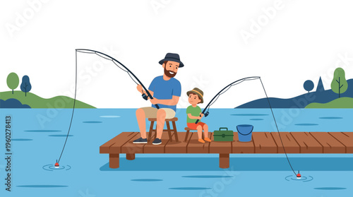 Happy Father's Day! A father and son enjoy a peaceful fishing trip on a wooden pier, a perfect way to celebrate