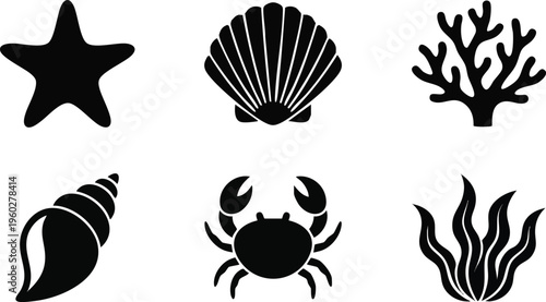 Marine Life Silhouette Icon Set with Starfish Crab and Shells