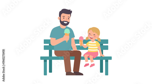 Joyful father and daughter sharing sweet ice cream moments on a park bench, celebrating a special father's day bond and childhood delight