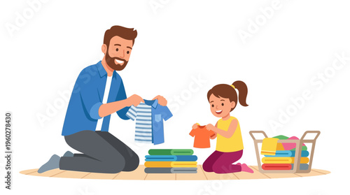 Celebrating Father's Day A Loving Dad and Daughter Share Joyful Moments Folding Laundry Together, Building Cherished Memories at Home