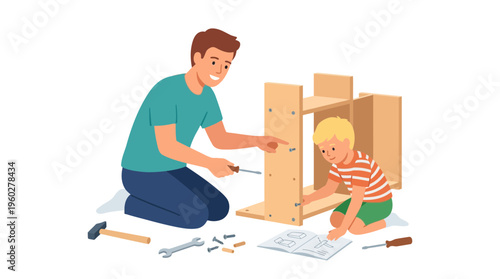 A father and son's shared project building new furniture together, a precious moment of teaching, learning, and bonding, celebrating the spirit of father's day