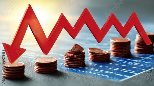 Graph illustrating financial decline with coins and red arrows on a blue background.