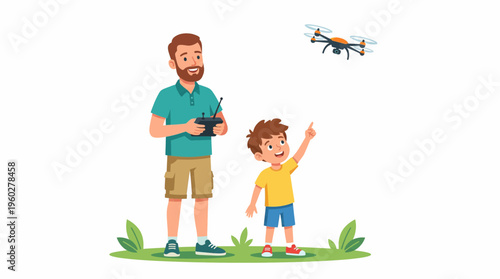 A father and son share a joyful moment flying a drone, celebrating Father's Day with futuristic fun