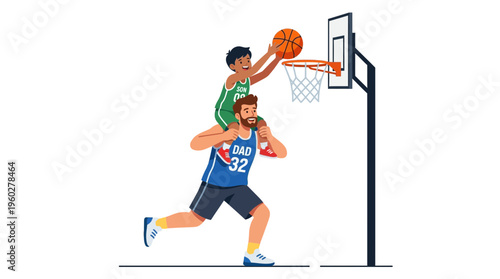 A heartwarming Father's Day moment with a dad lifting his child to score a basketball hoop, celebrating family bonds and sportsmanship