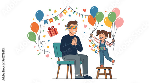 Father's Day surprise Daughter celebrates her dad with balloons and a gift in a festive surprise party