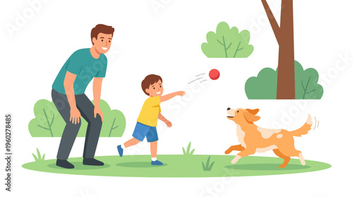 Happy Father's Day! A father and his son playing fetch with their dog in a park, celebrating family bonding and outdoor fun