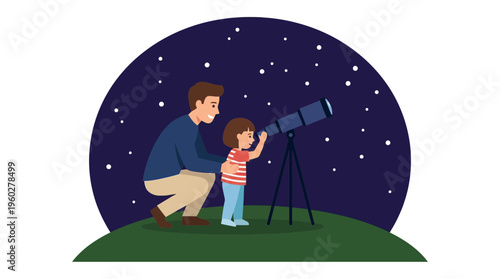 A beautiful father's day night under the stars, where a caring dad teaches his child about the wonders of the universe through a telescope, fostering curiosity and bonding