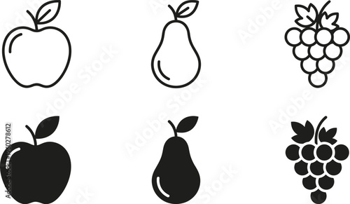 Apple, pear, grape, fruit, icons, set, outline, and, solid, style, healthy, food, vector, illustration, organic, natural, collection, black, silhouette, symbols