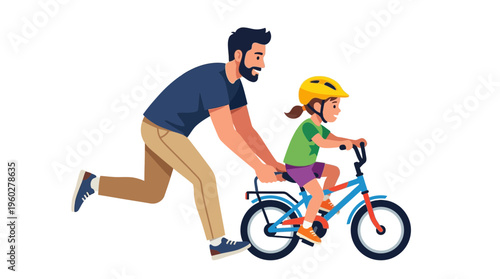 A loving father's day bond Happy dad teaches his joyful daughter to ride a bicycle, creating precious childhood memories