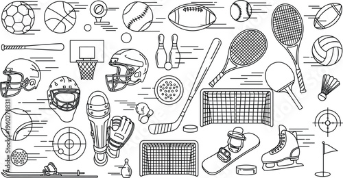 Photography Variety of Sports Equipment Including Football, Basketball, Baseball, Tennis, Ho