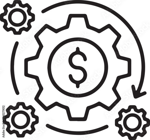Art & Illustration, Financial system optimization and technical settings icon. Gears with dollar sign representing automated earnings, fintech and money management.