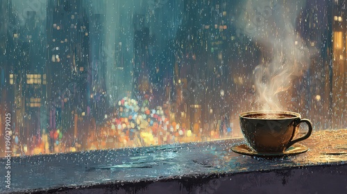 Steaming Cup Of Coffee On A Rainy Cityscape At Night With Bokeh Lights And Reflections