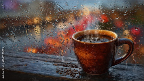 Steaming Cup of Coffee on a Rainy Windowpane with Bokeh City Lights at Dusk Cozy Warm Atmosphere and Comforting Beverage