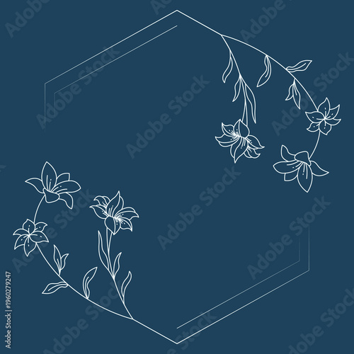 Floral polygon hand drawn style. Floral navy frame of twigs, leaves and flowers. Frames for Valentine’s Day, wedding decor, logo and identity template.