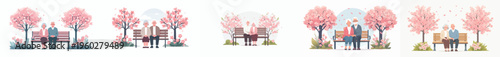 vector old couple sitting together on a park bench in spring cherry blossom atmosphere