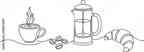 Single Line Art Coffee Set with French Press and Croissant