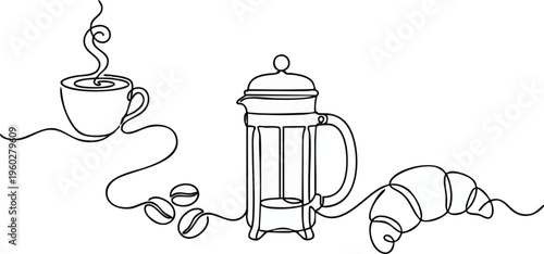 Continuous Line Drawing of French Press Coffee Cup and Croissant