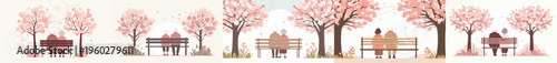 vector old couple sitting together on a park bench in spring cherry blossom atmosphere back view