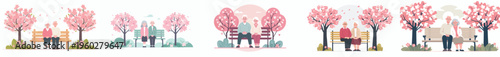 vector old couple sitting together on a park bench in spring cherry blossom atmosphere