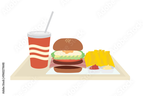 具沢山ハンバーガーとフレンチフライとジュースのセット