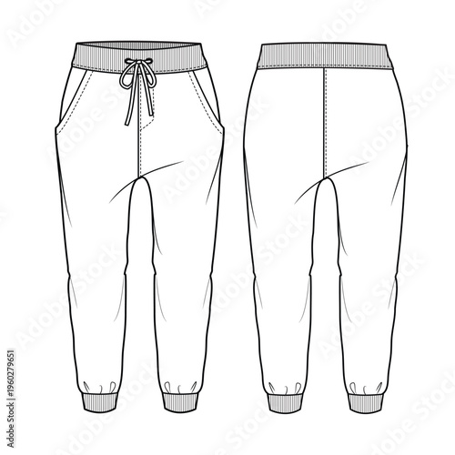 Kids joggers front and back view technical drawing vector mockup template.
