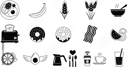 Breakfast food icon set, morning meal symbols collection, bakery items, fruit, coffee drinks, kitchen appliances, vector illustration pack