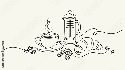 Minimalist Continuous Line Drawing of Coffee French Press and Croissan
