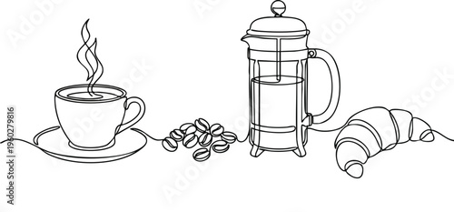 Continuous Line Drawing of Coffee Cup French Press and Croissant