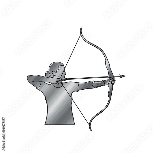 Woman archer aiming bow and arrow in stylized illustration