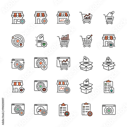 E-commerce icons, online shopping graphics, retail symbols, business illustrations