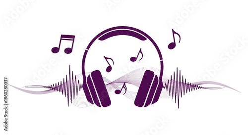 Purple headphones with musical notes and sound wave illustration
