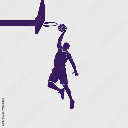 Purple basketball player silhouette dunking a ball on hoop