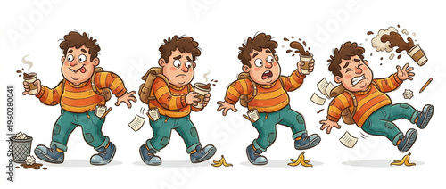 Funny Clumsy Character Illustration Set and Stepping on Banana Peel Sequence