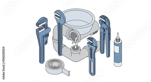 Plumbing tools around a leaky pipe with dripping water
