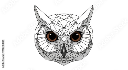 Modern polygonal owl face with white feathers and brown eyes