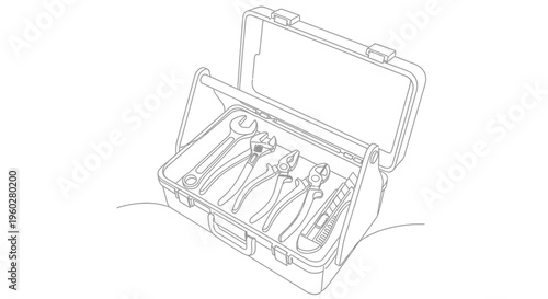Line art illustration of open toolbox with essential hand tools