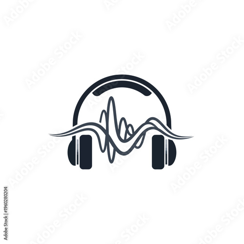 Headphones with abstract sound wave icon on white background